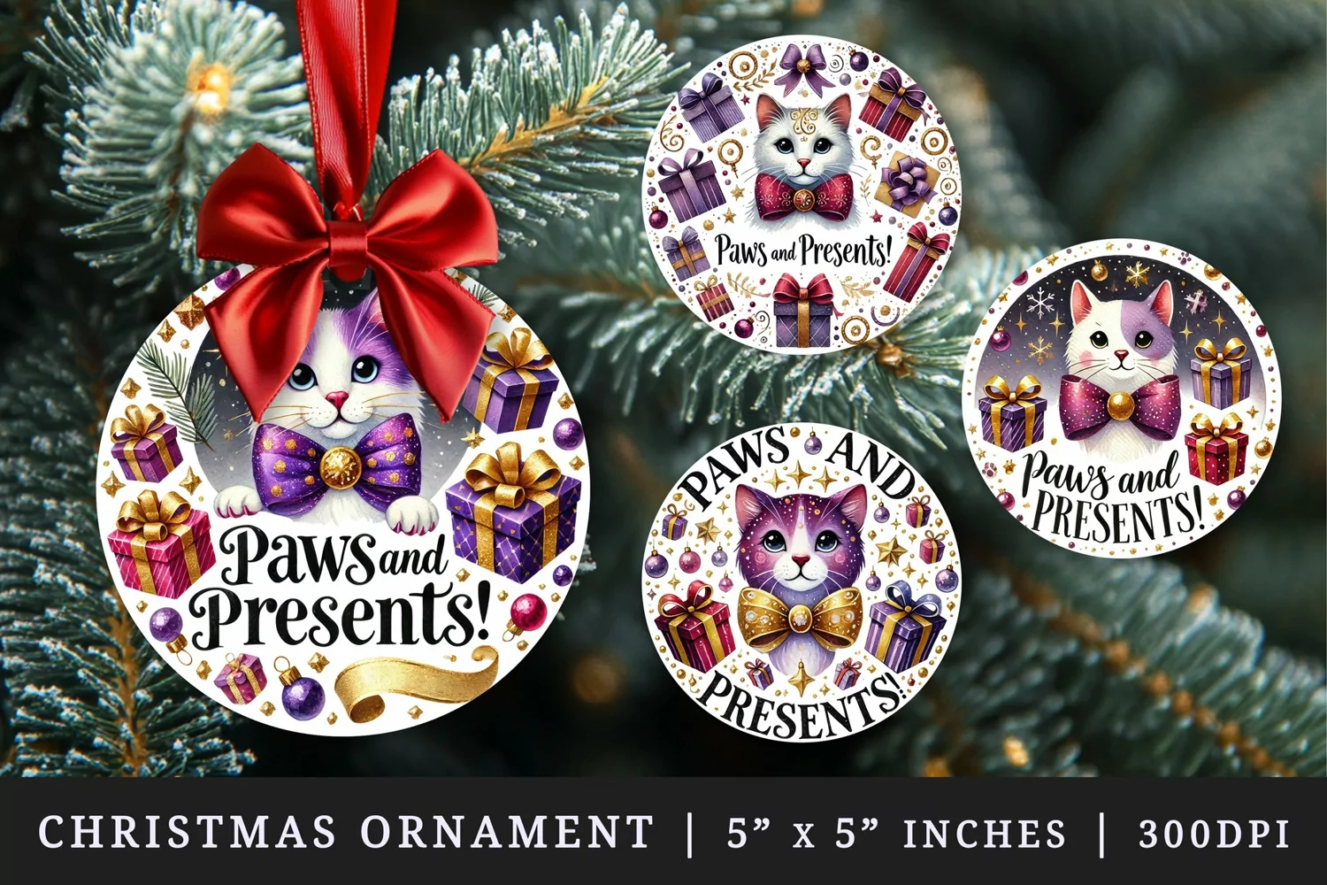 Watercolor cute cat with sparkling bowtie presents circular frame Christmas quote New Year winter print round ornament ornaments sublimation design