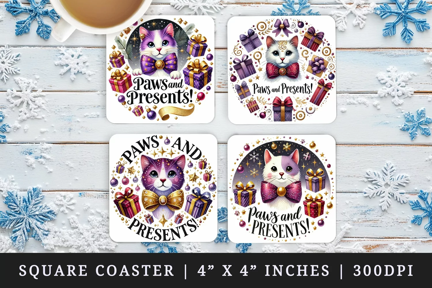 Watercolor cute cat with sparkling bowtie presents circular frame Christmas quote New Year winter print square coaster mug coasters sublimation design