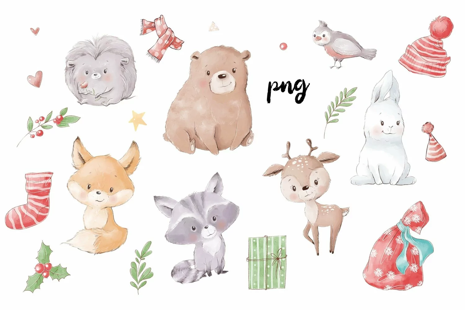 Watercolor Cute Christmas Animals 