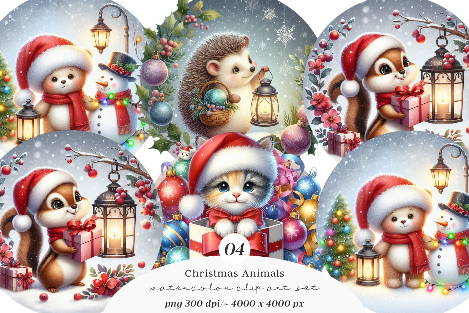 Watercolor Cute Christmas Animals Collection Clipart product image 1