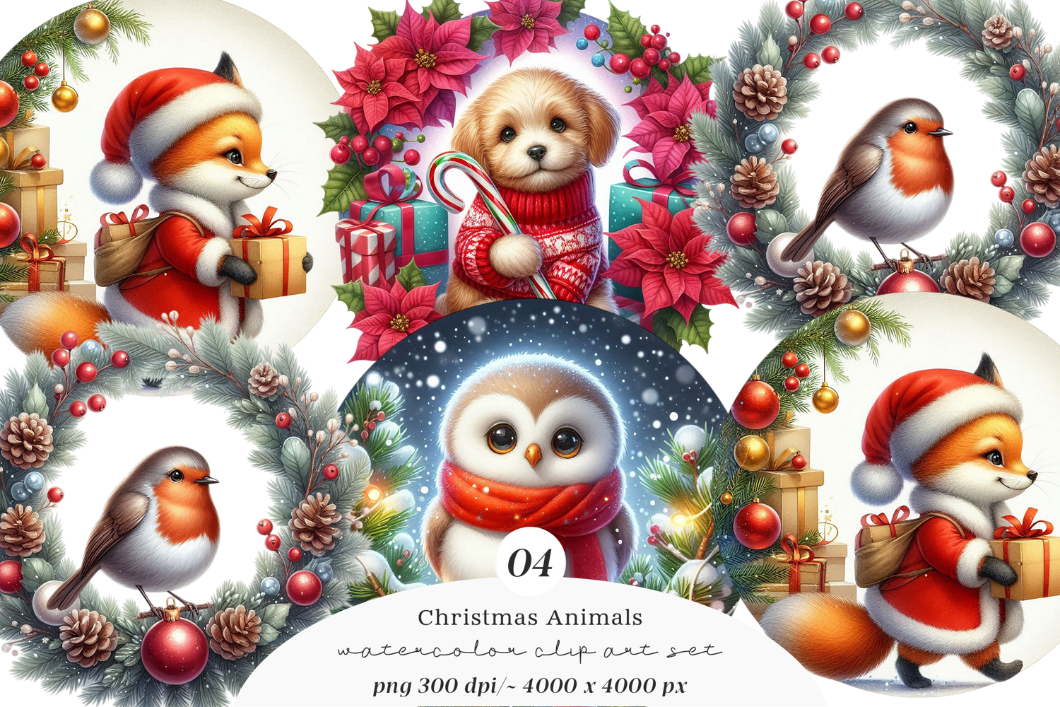 Watercolor Cute Christmas Animals Collection Clipart product image 1