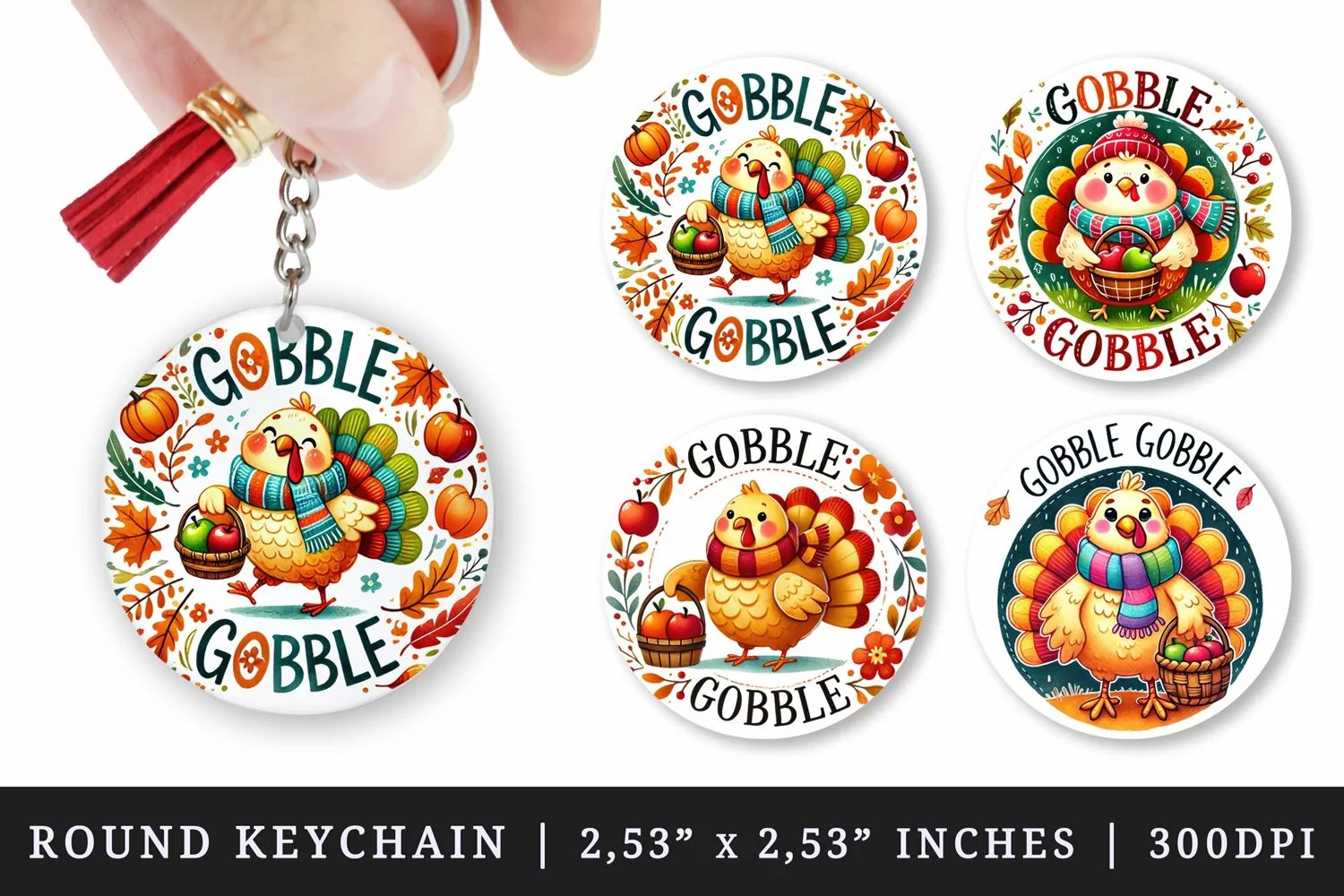 Watercolor cute chubby turkey basket of apples Gobble quote Thanksgiving autumn fall print round keychain keychains sublimation design