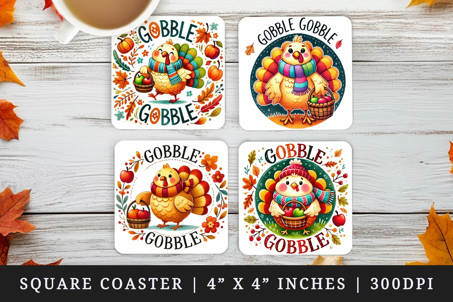 Watercolor cute chubby turkey basket of apples Gobble quote Thanksgiving autumn fall print square coaster mug coasters sublimation design