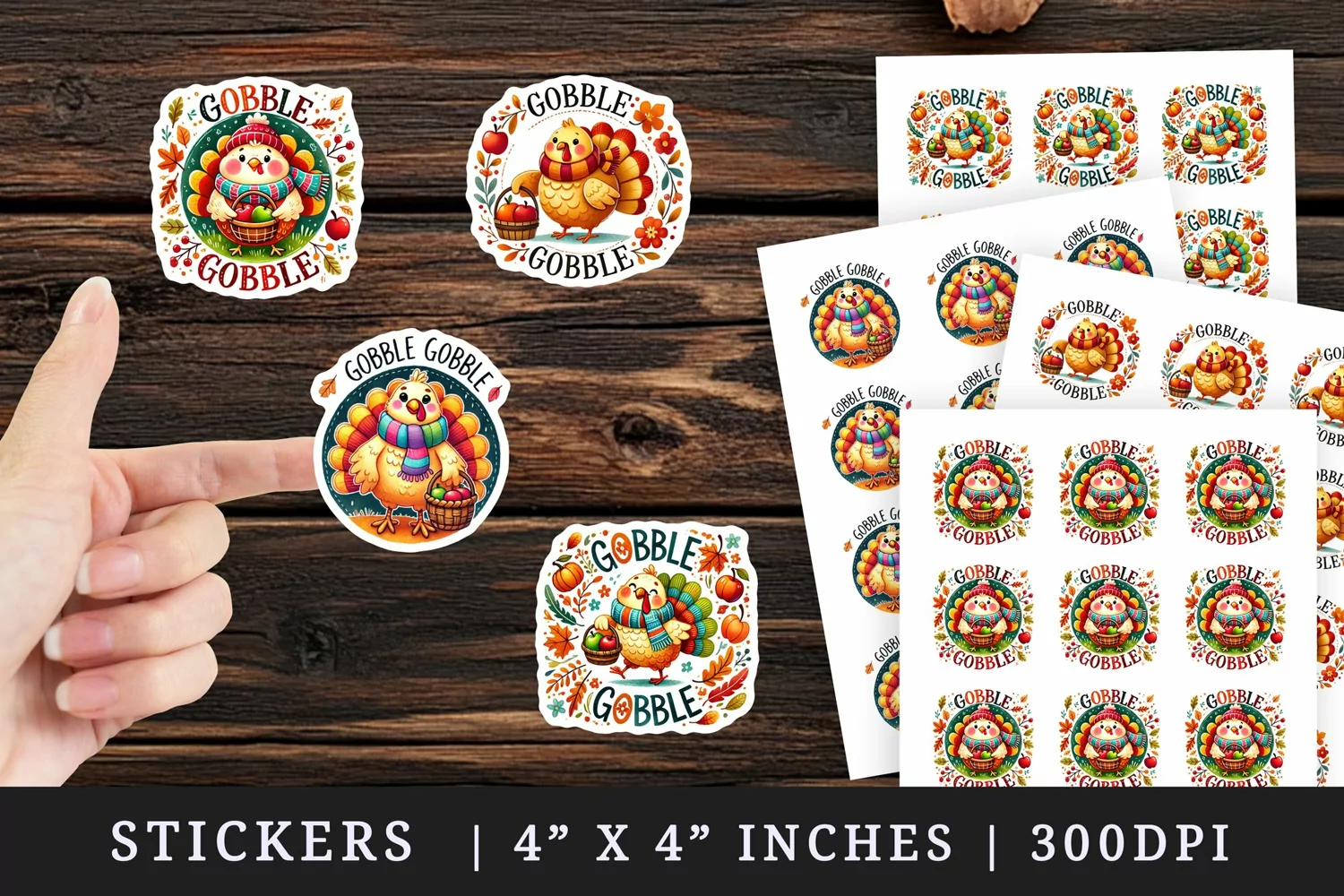 Watercolor cute chubby turkey basket of apples Gobble quote Thanksgiving autumn fall print sticker sheet stickers printable sublimation design png