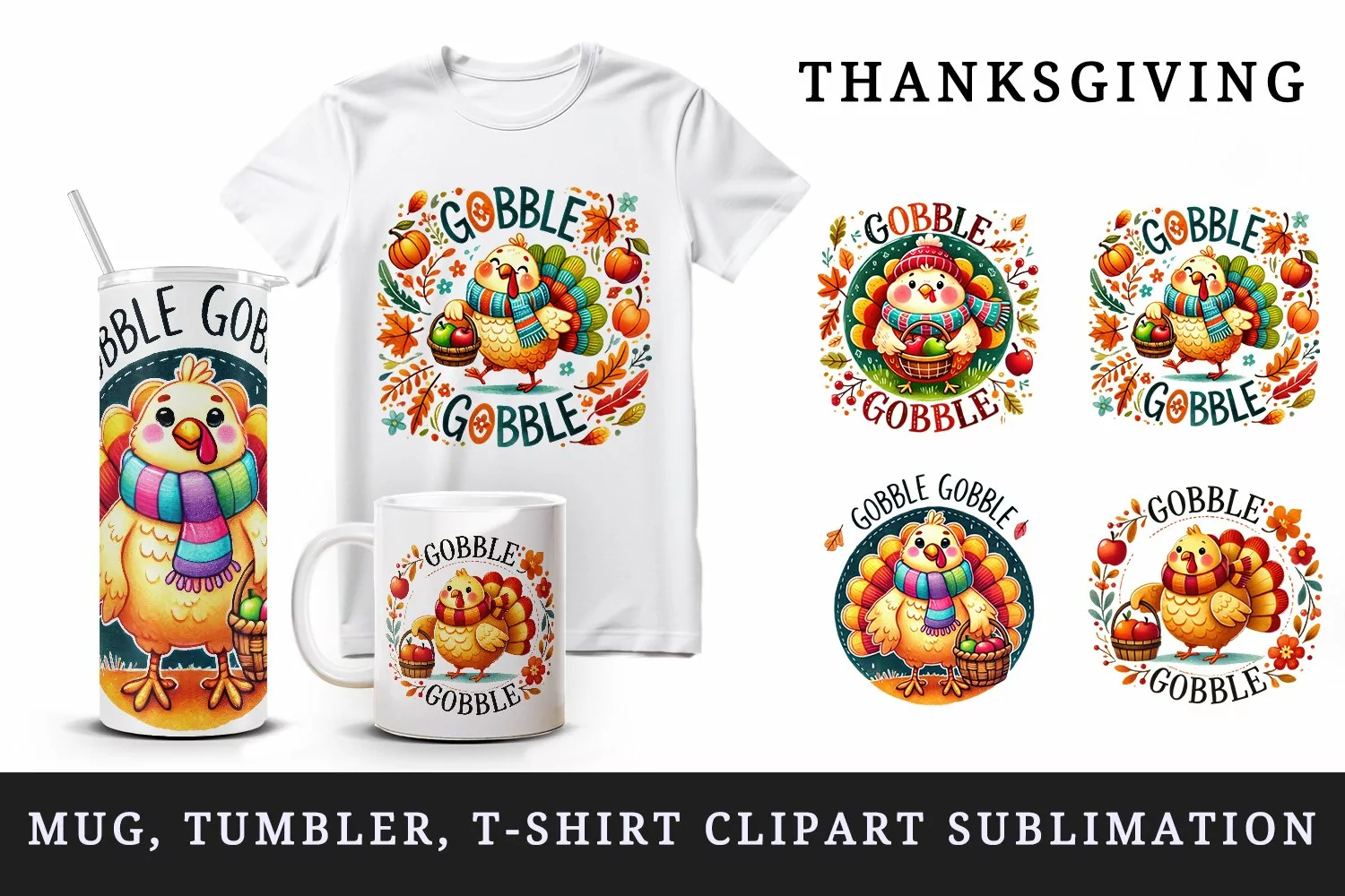 Watercolor cute chubby turkey basket of apples Gobble quote Thanksgiving print tumbler skinny mug wrap clipart t-shirt sublimation printable design