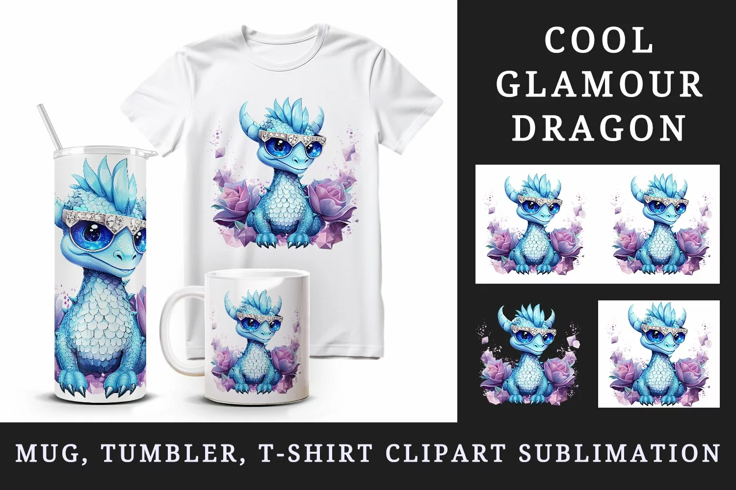 Watercolor cute cool dragon fantasy animal superstar sunglasses sparkle 20 oz tumbler skinny mug wrap clipart t-shirt sublimation printable design