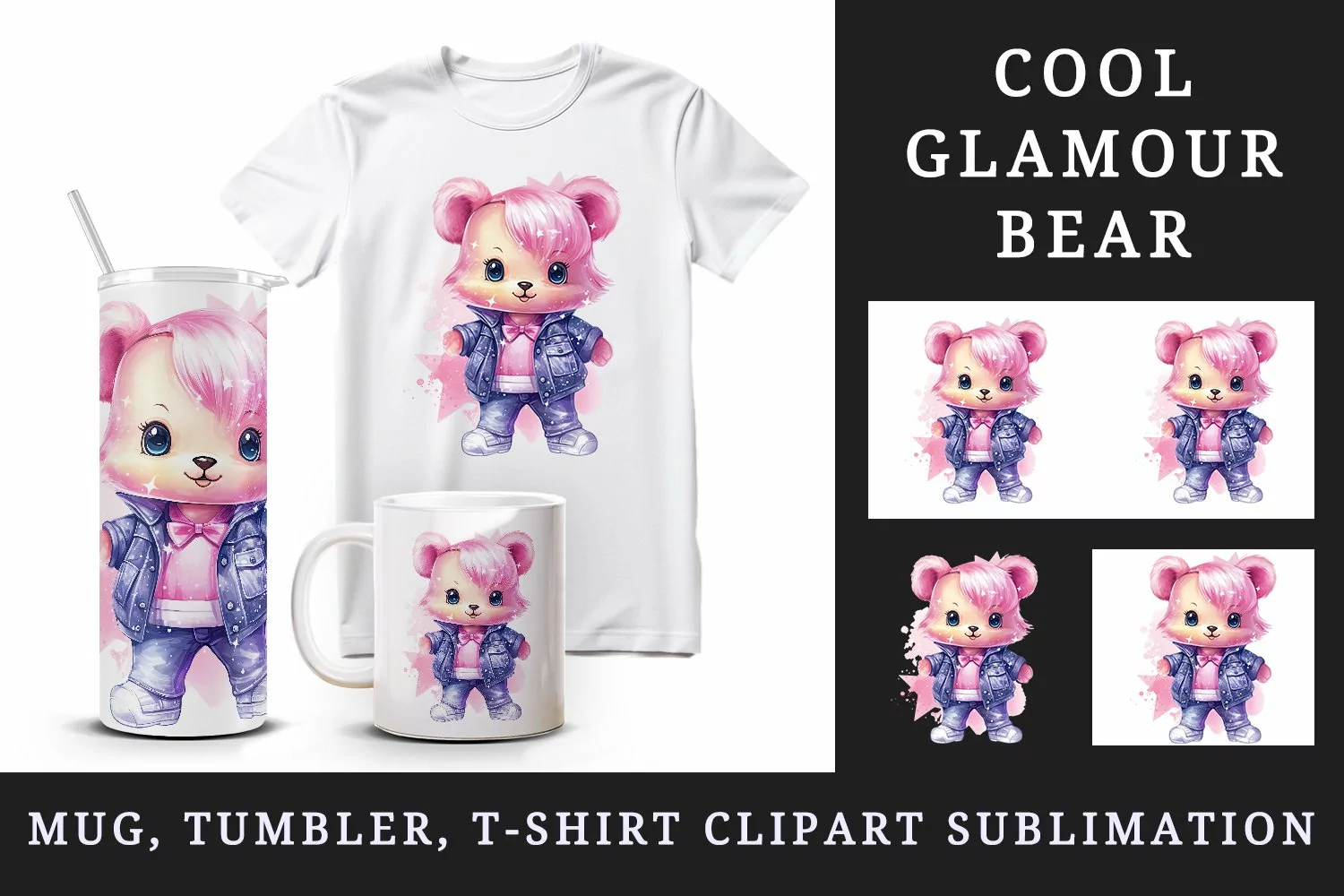 Watercolor cute cool glamour bear superstar animal toy sparkle stars print 20 oz tumbler skinny mug wrap clipart t-shirt sublimation printable design