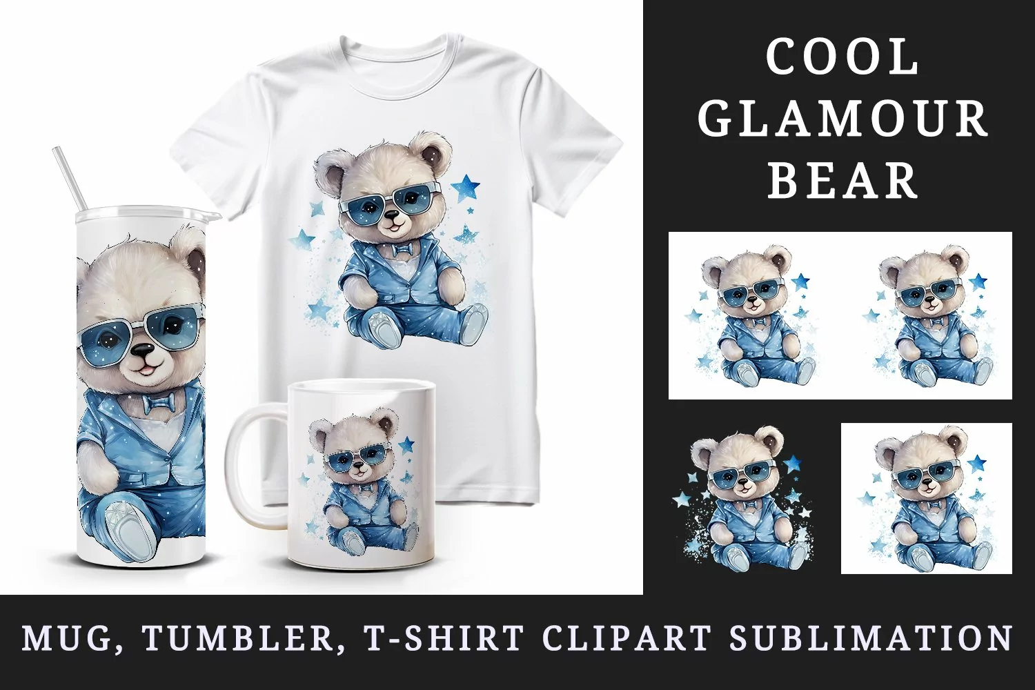 Watercolor cute cool glamour bear superstar animal toy sunglasses print 20 oz tumbler skinny mug wrap clipart t-shirt sublimation printable design