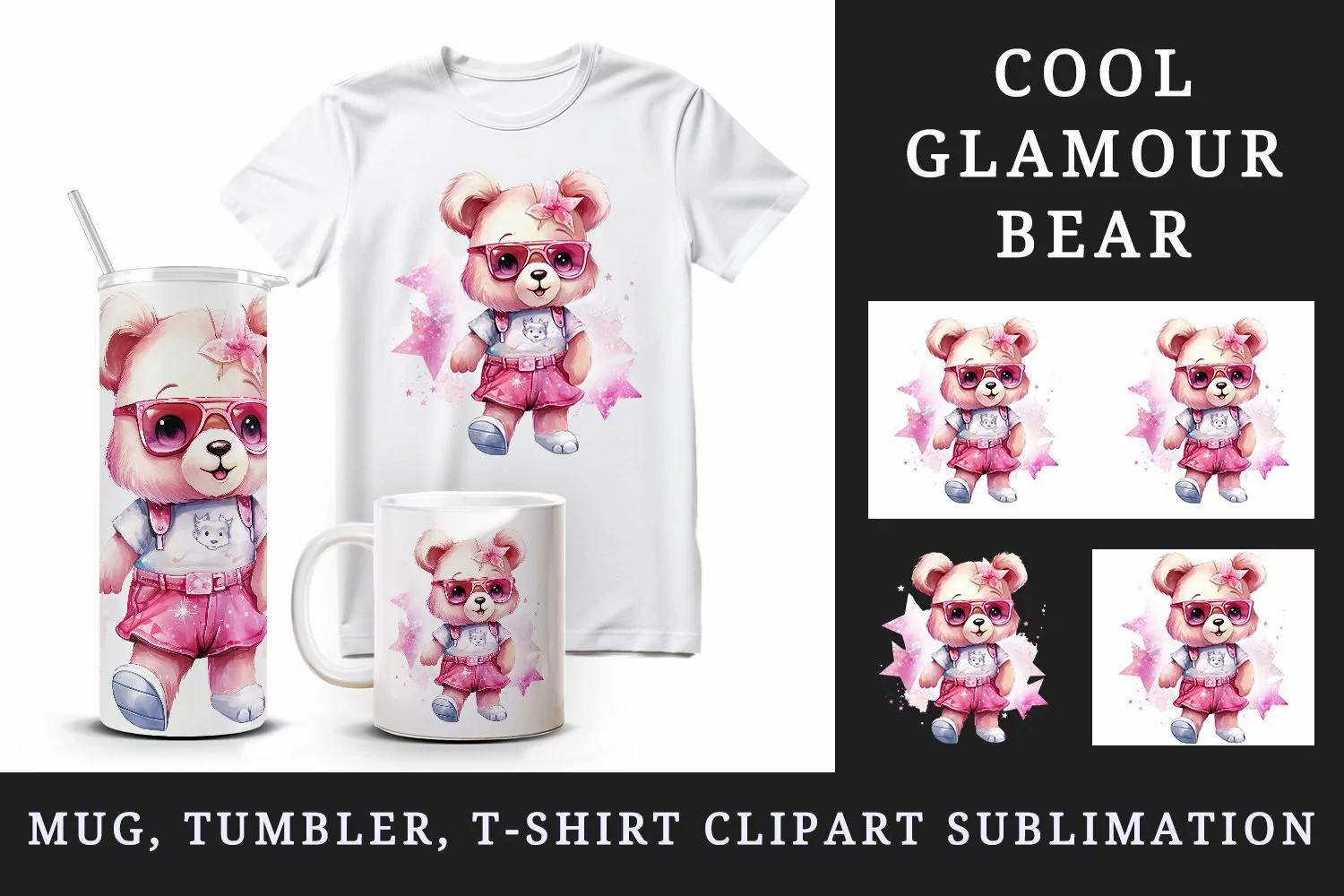 Watercolor cute cool glamour bear superstar animal toy sunglasses print 20 oz tumbler skinny mug wrap clipart t-shirt sublimation printable design