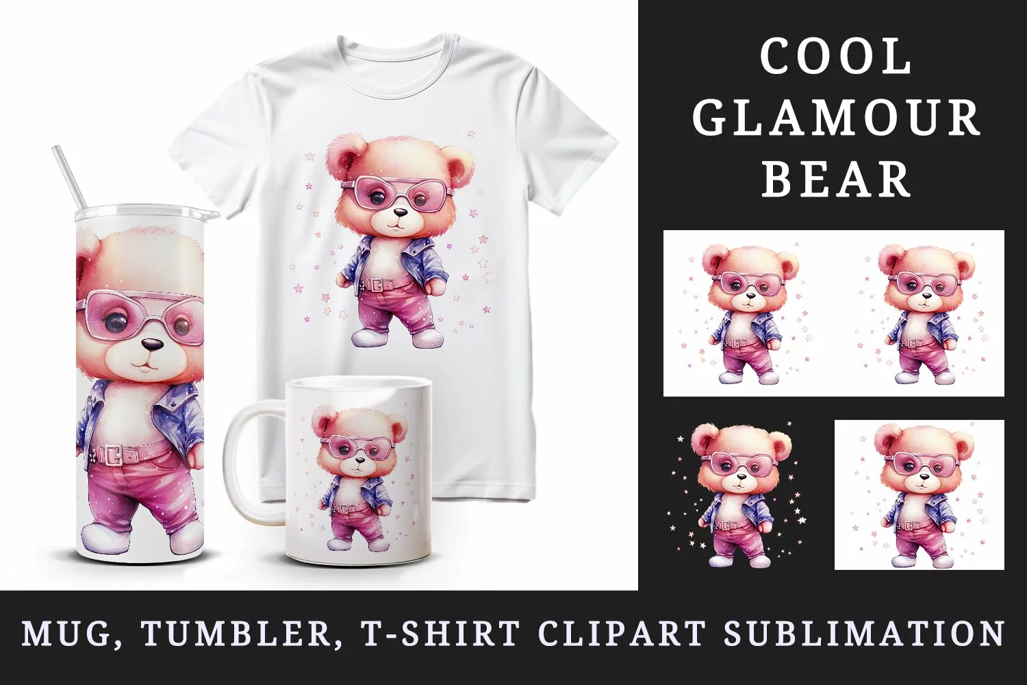 Watercolor cute cool glamour bear superstar animal toy sunglasses print 20 oz tumbler skinny mug wrap clipart t-shirt sublimation printable design