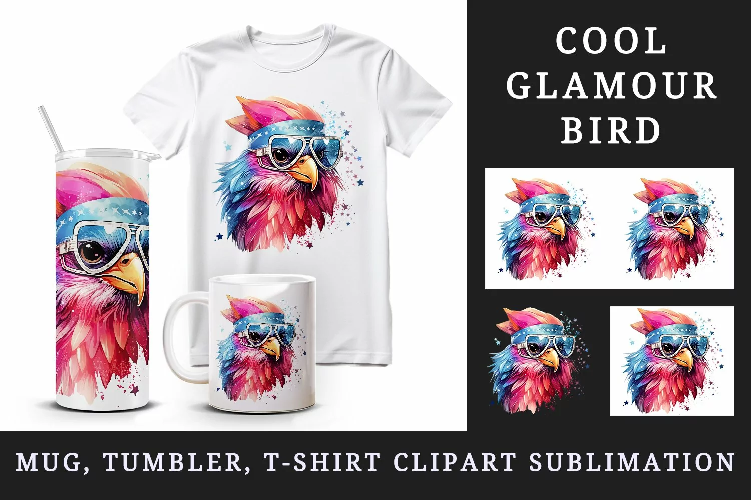 Watercolor cute cool glamour bird superstar wild animal glasses stars print 20 oz tumbler skinny mug wrap clipart t-shirt sublimation printable design