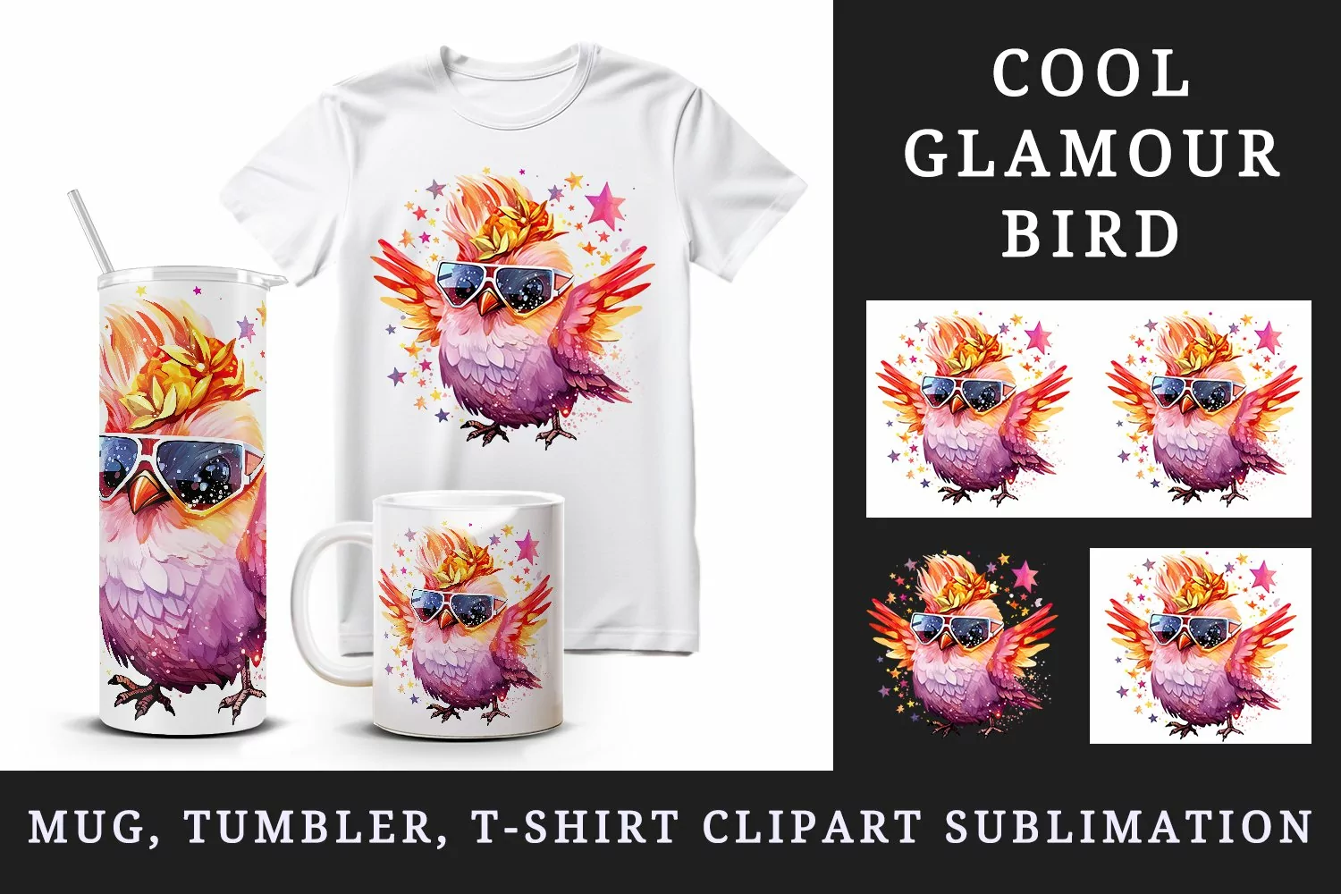 Watercolor cute cool glamour bird superstar wild animal glasses stars print 20 oz tumbler skinny mug wrap clipart t-shirt sublimation printable design