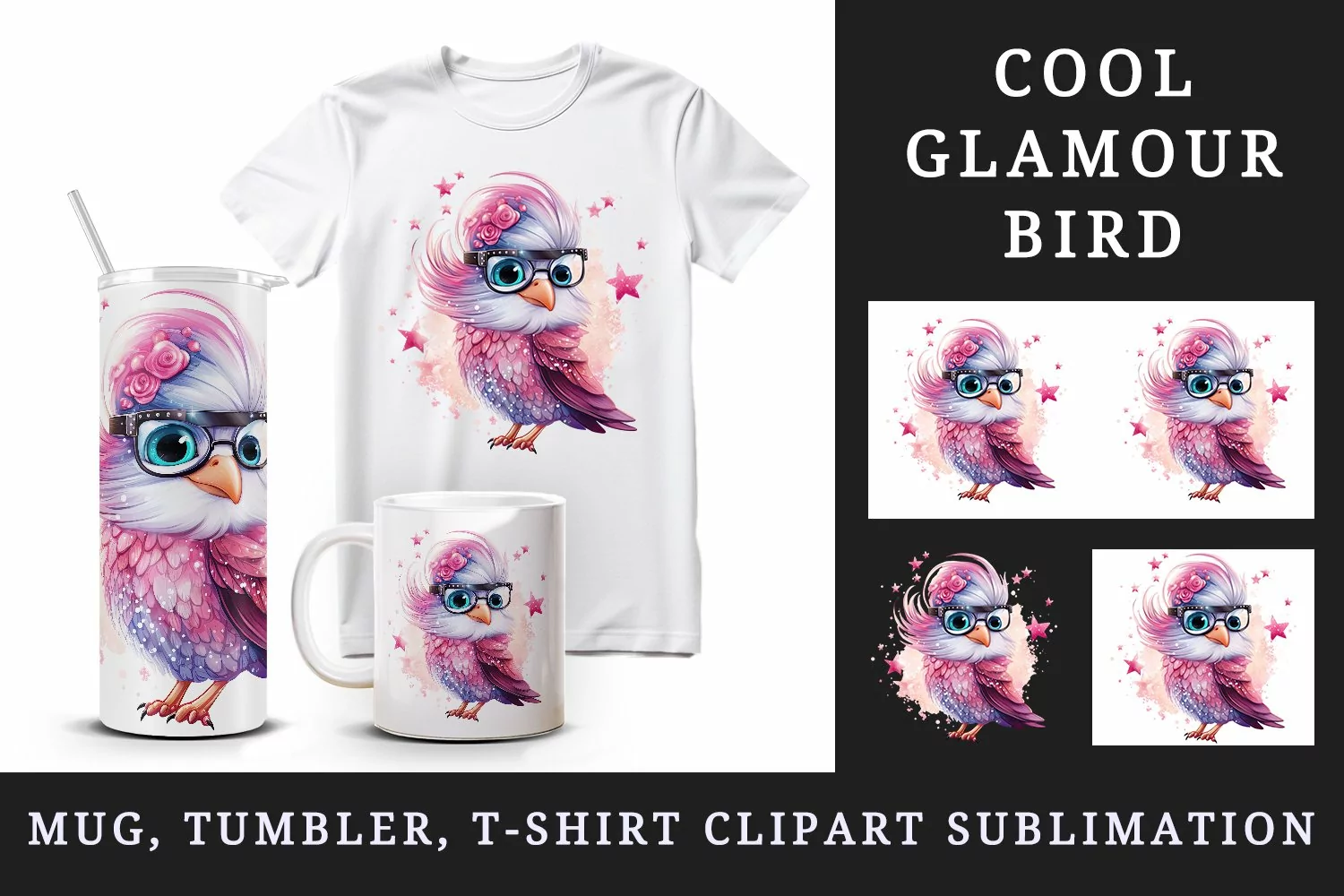 Watercolor cute cool glamour bird superstar wild animal glasses stars print 20 oz tumbler skinny mug wrap clipart t-shirt sublimation printable design