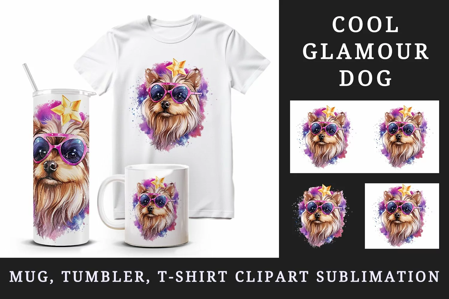 Watercolor cute cool glamour dog funny superstar animal sunglasses print 20 oz tumbler skinny mug wrap clipart t-shirt sublimation printable design