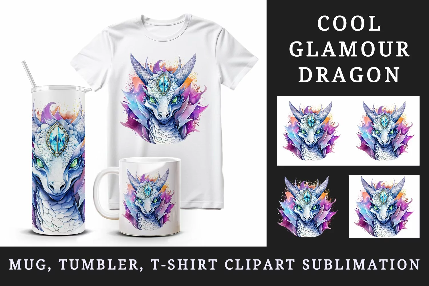 Watercolor cute cool glamour dragon fantasy animal superstar sparkle 20 oz tumbler skinny mug wrap clipart t-shirt sublimation printable design