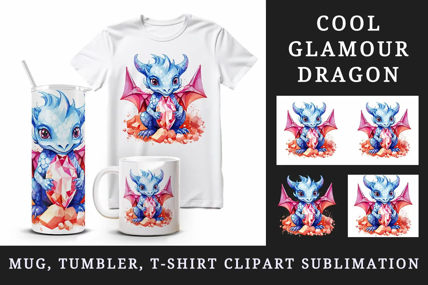 Watercolor cute cool glamour dragon fantasy animal superstar sparkle 20 oz tumbler skinny mug wrap clipart t-shirt sublimation printable design