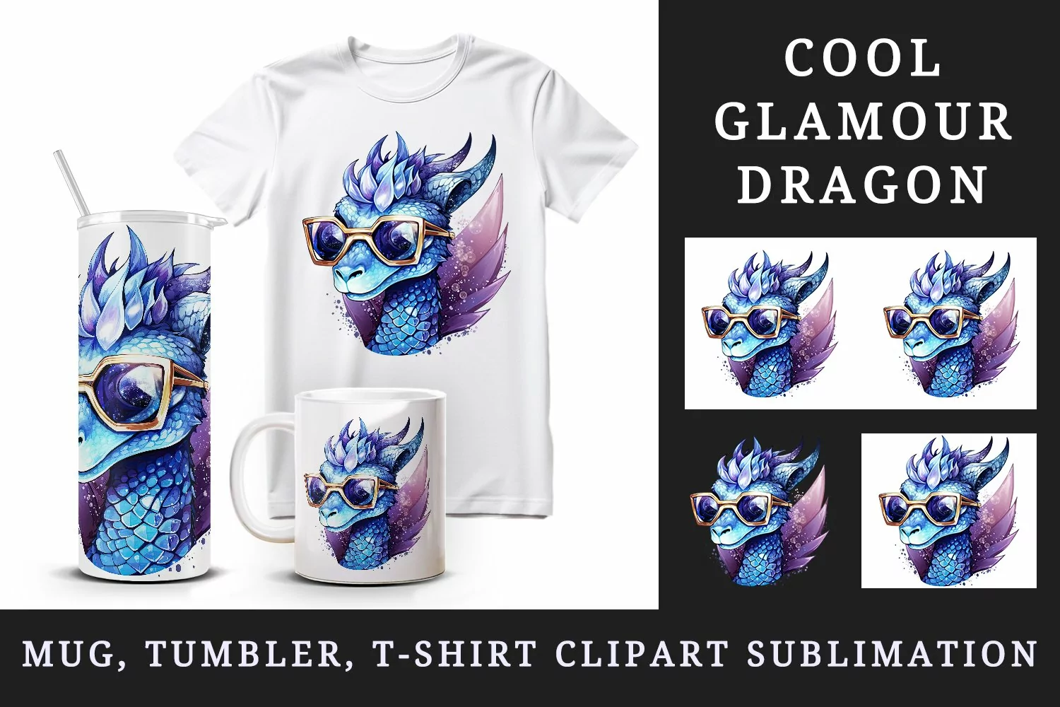 Watercolor cute cool glamour dragon fantasy superstar sunglasses sparkle 20 oz tumbler skinny mug wrap clipart t-shirt sublimation printable design
