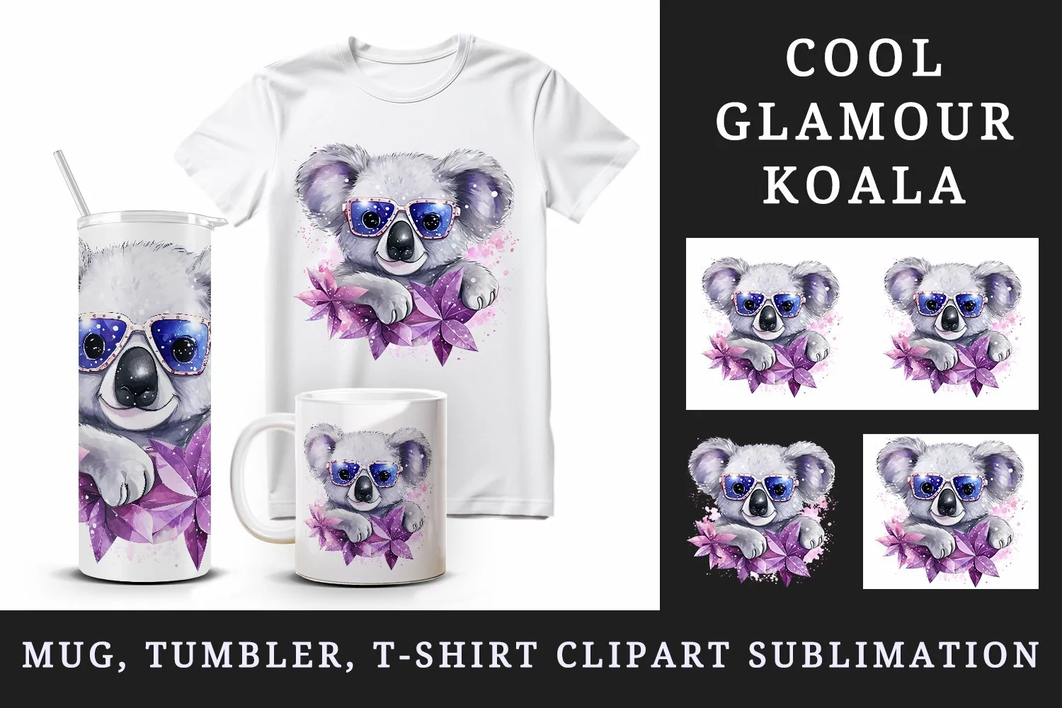 Watercolor cute cool glamour koala funny superstar animal sunglasses print 20 oz tumbler skinny mug wrap clipart t-shirt sublimation printable design