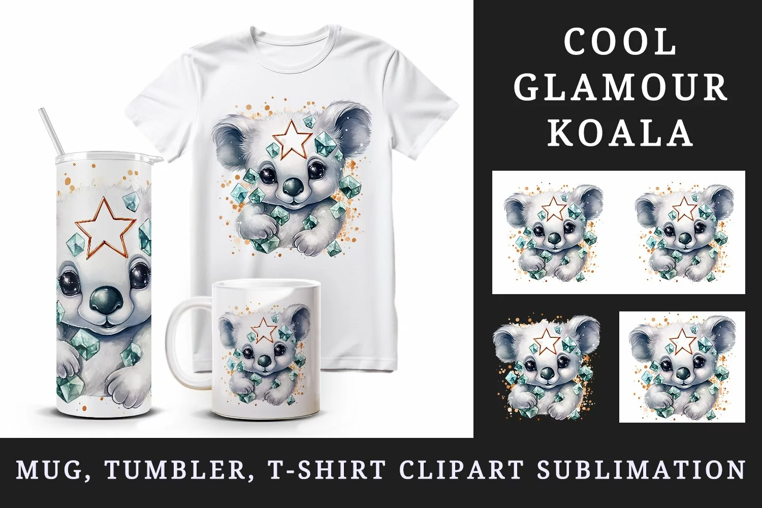 Watercolor cute cool glamour koala funny superstar animal sunglasses print 20 oz tumbler skinny mug wrap clipart t-shirt sublimation printable design