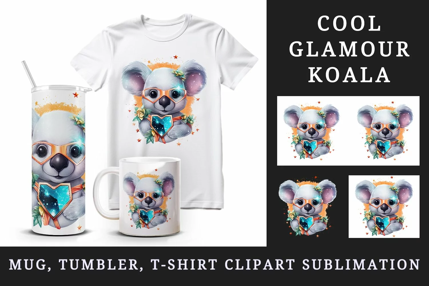 Watercolor cute cool glamour koala funny superstar animal sunglasses print 20 oz tumbler skinny mug wrap clipart t-shirt sublimation printable design