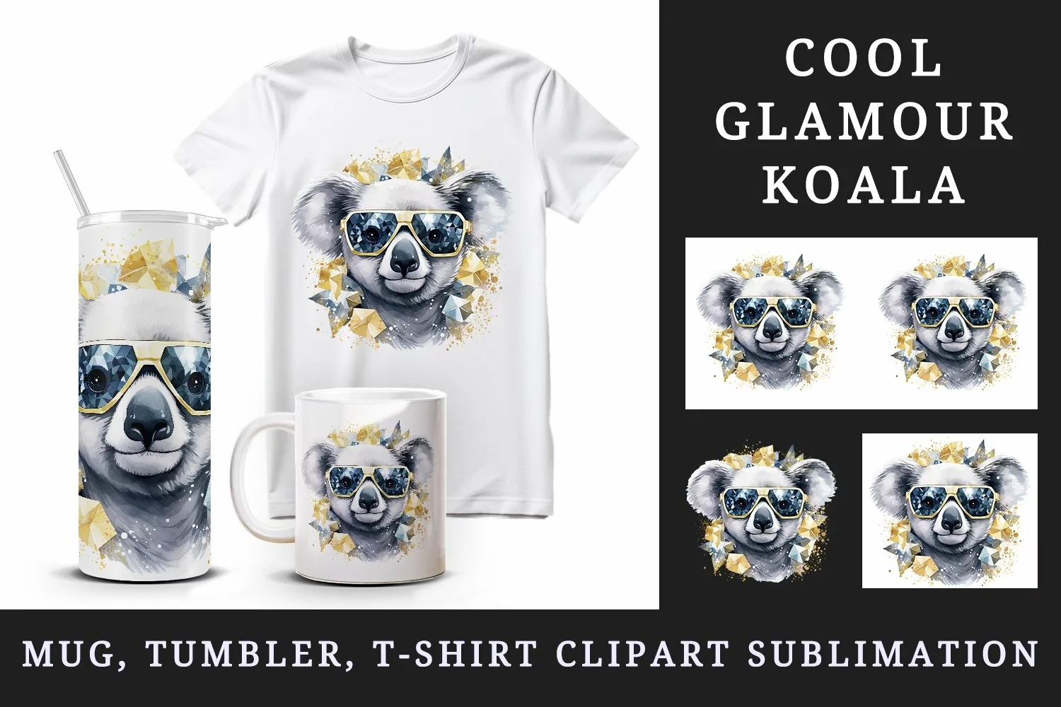 Watercolor cute cool glamour koala funny superstar animal sunglasses print 20 oz tumbler skinny mug wrap clipart t-shirt sublimation printable design
