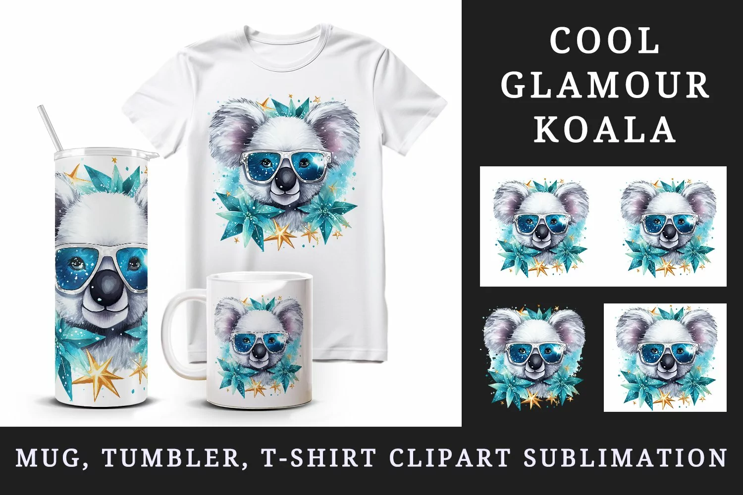 Watercolor cute cool glamour koala funny superstar animal sunglasses print 20 oz tumbler skinny mug wrap clipart t-shirt sublimation printable design