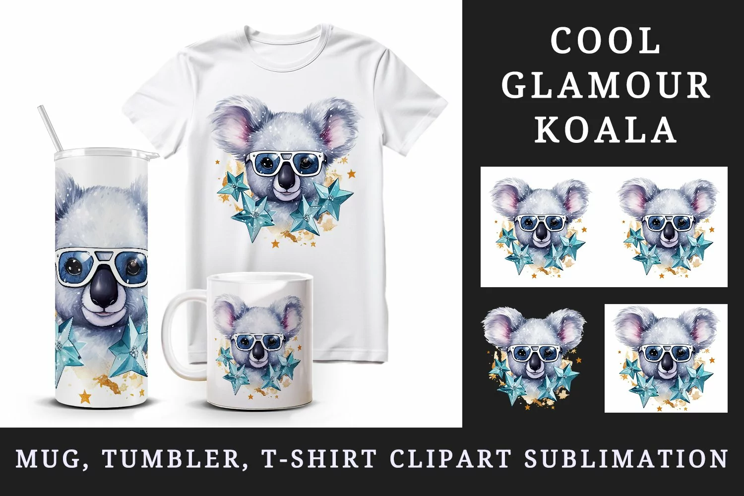 Watercolor cute cool glamour koala funny superstar animal sunglasses print 20 oz tumbler skinny mug wrap clipart t-shirt sublimation printable design