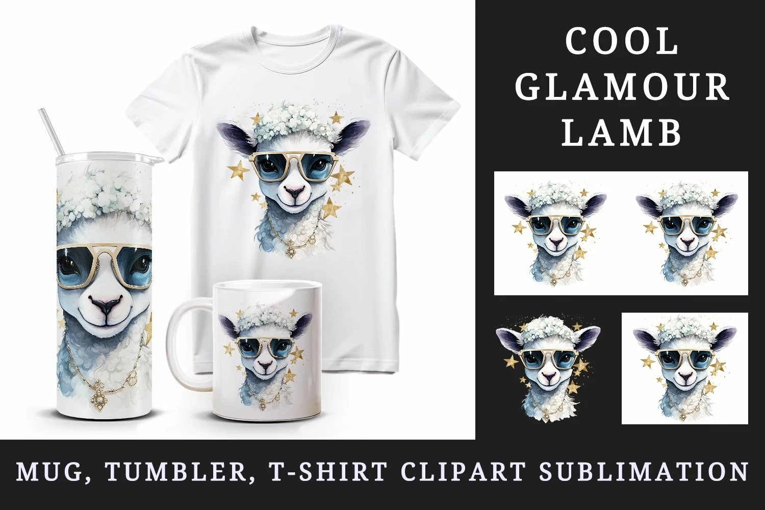 Watercolor cute cool glamour lamb funny superstar animal sunglasses print 20 oz tumbler skinny mug wrap clipart t-shirt sublimation printable design