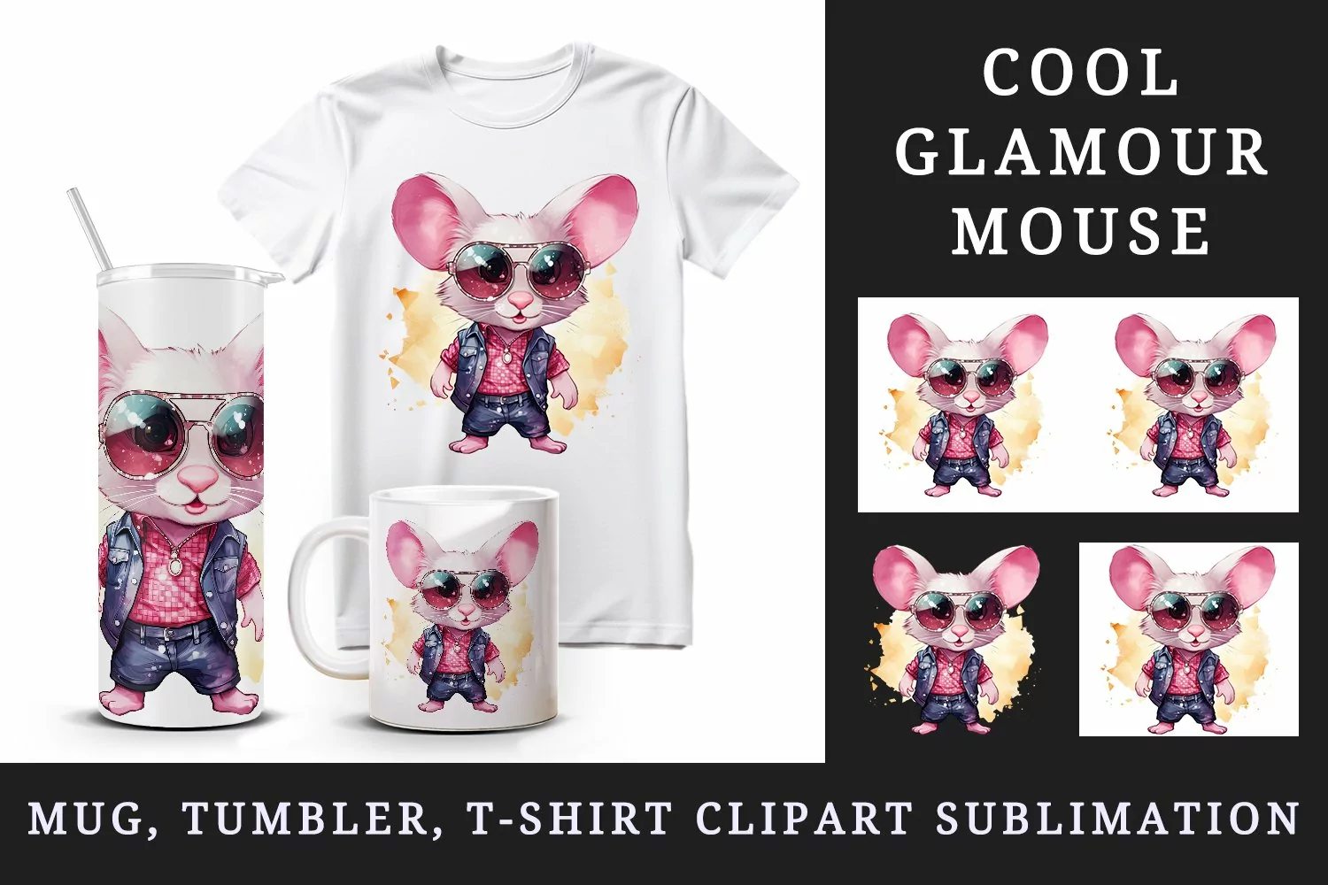 Watercolor cute cool glamour mouse funny superstar animal sunglasses print 20 oz tumbler skinny mug wrap clipart t-shirt sublimation printable design
