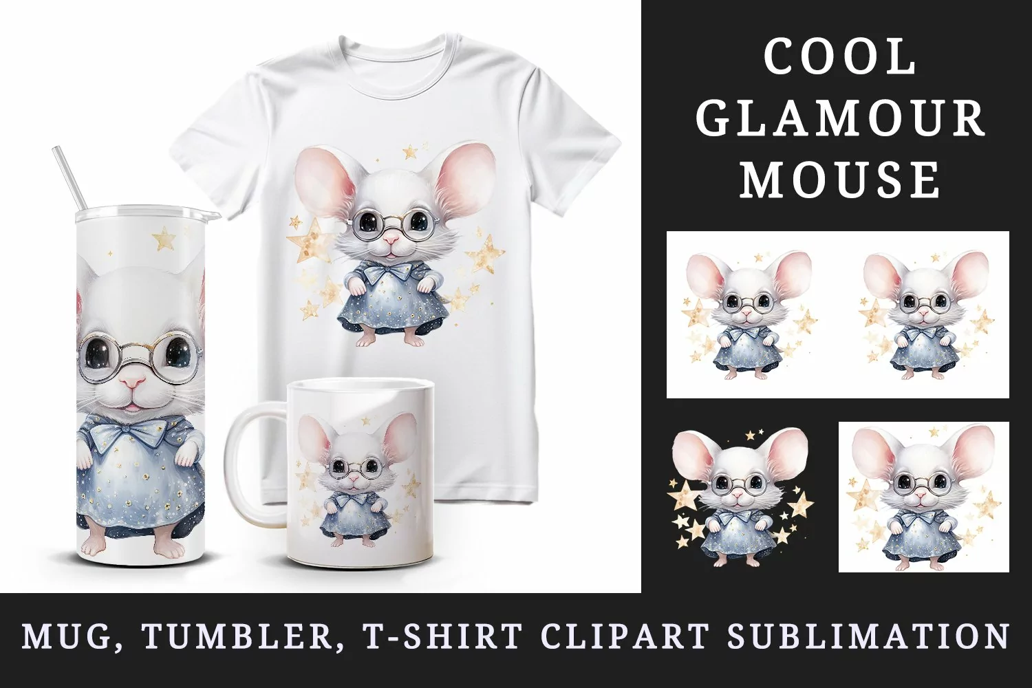 Watercolor cute cool glamour mouse funny superstar animal sunglasses print 20 oz tumbler skinny mug wrap clipart t-shirt sublimation printable design