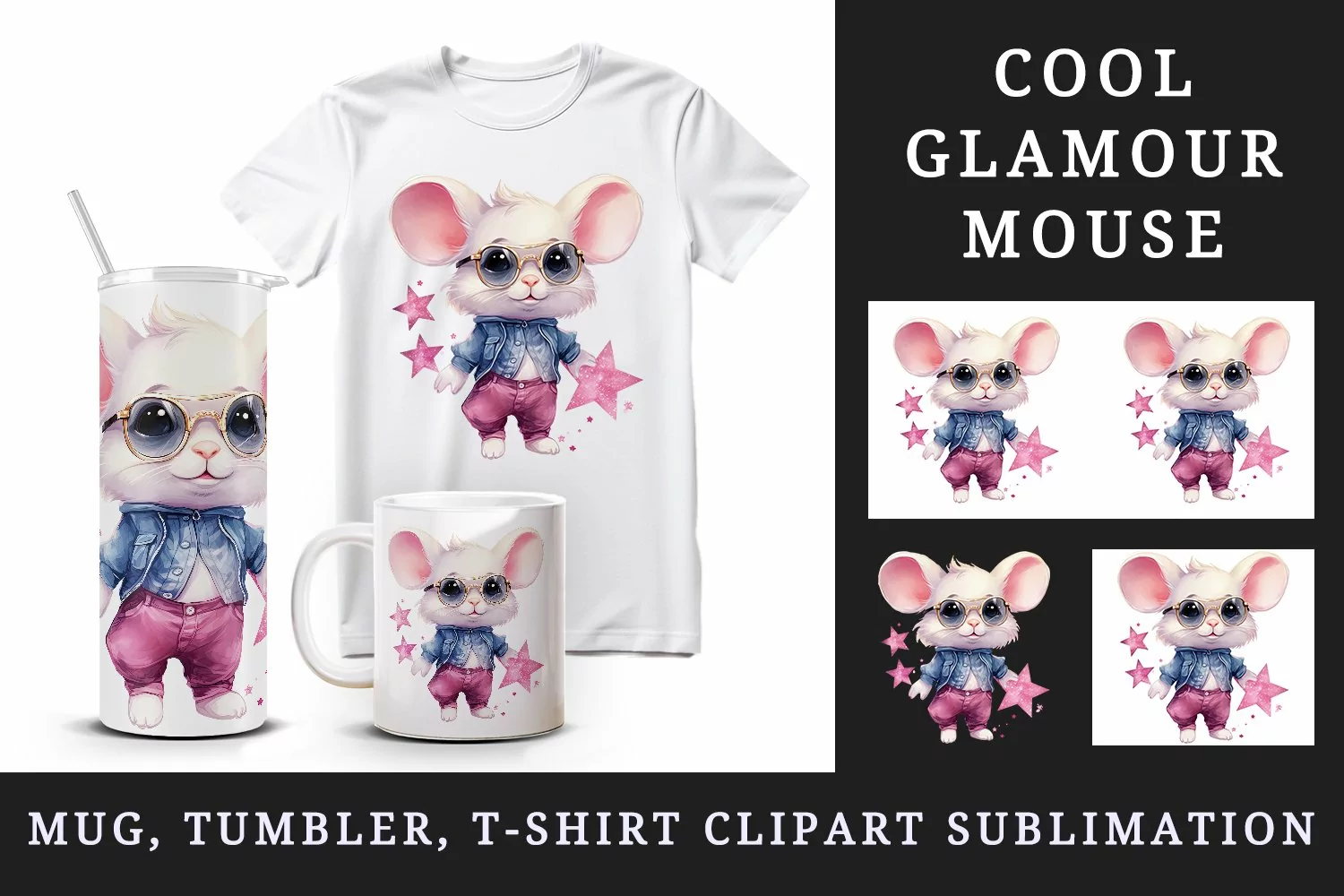 Watercolor cute cool glamour mouse funny superstar animal sunglasses print 20 oz tumbler skinny mug wrap clipart t-shirt sublimation printable design