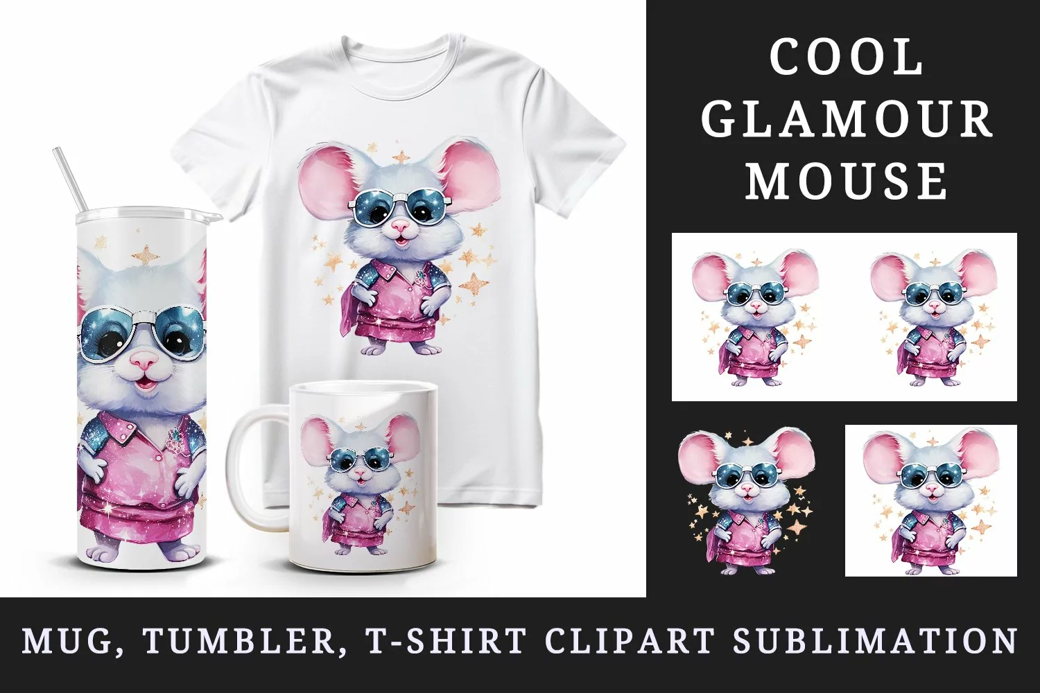 Watercolor cute cool glamour mouse funny superstar animal sunglasses print 20 oz tumbler skinny mug wrap clipart t-shirt sublimation printable design