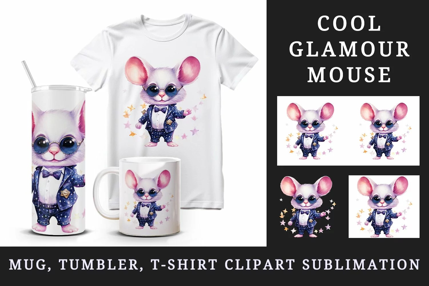 Watercolor cute cool glamour mouse funny superstar animal sunglasses print 20 oz tumbler skinny mug wrap clipart t-shirt sublimation printable design