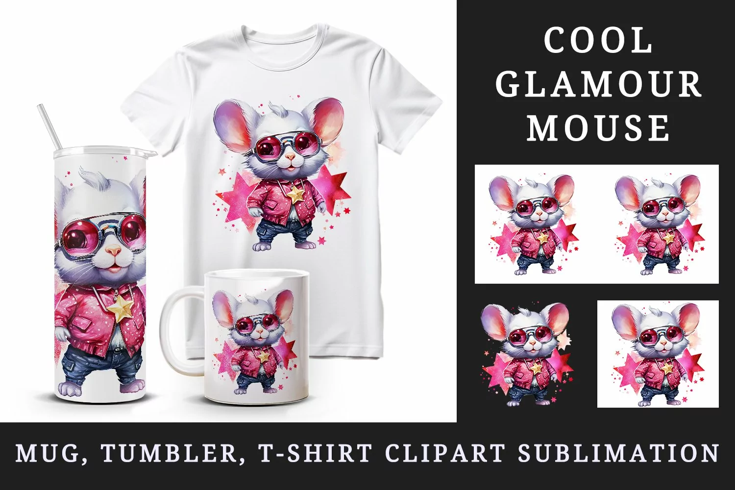 Watercolor cute cool glamour mouse funny superstar animal sunglasses print 20 oz tumbler skinny mug wrap clipart t-shirt sublimation printable design