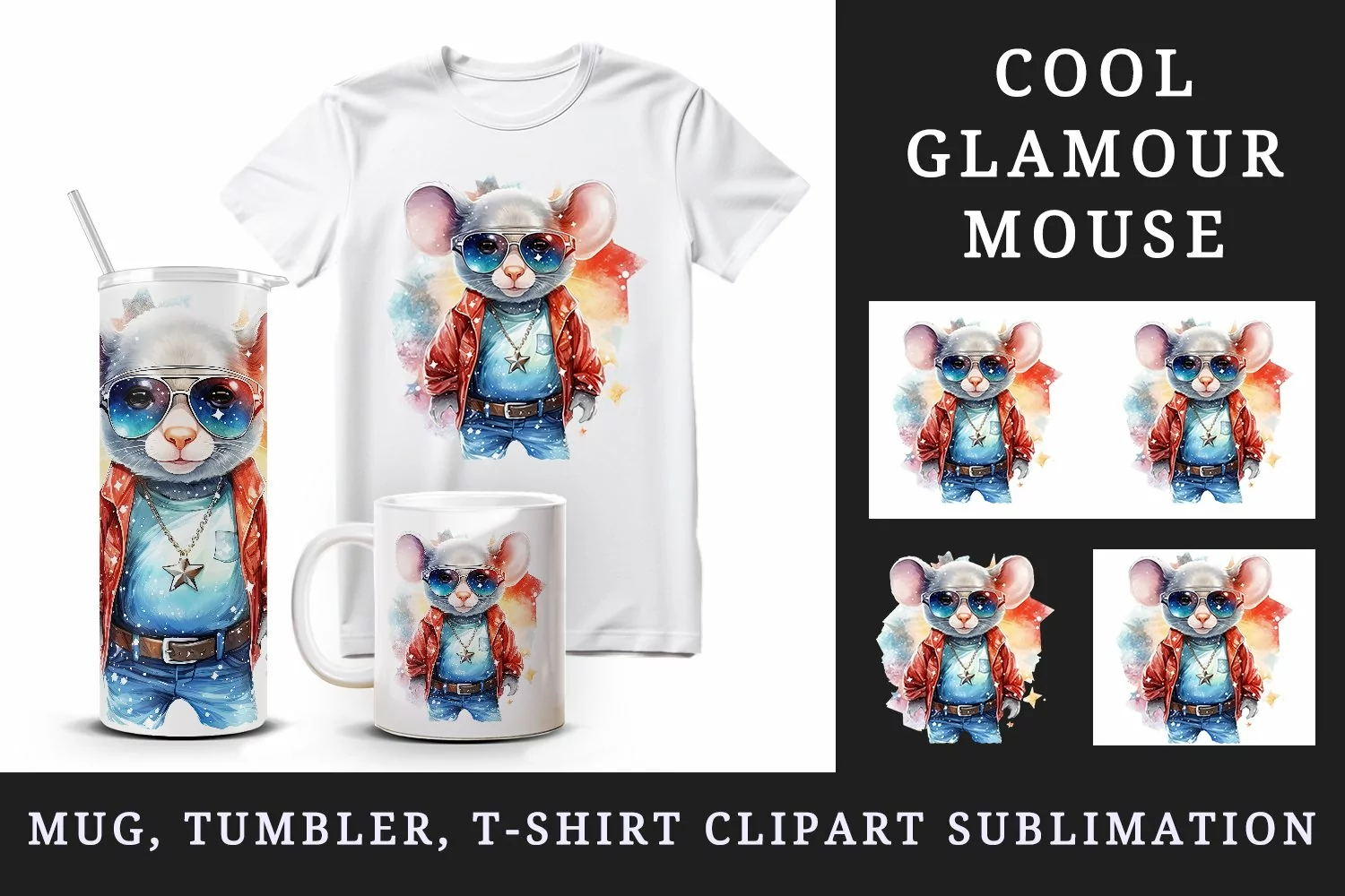 Watercolor cute cool glamour mouse funny superstar animal sunglasses print 20 oz tumbler skinny mug wrap clipart t-shirt sublimation printable design
