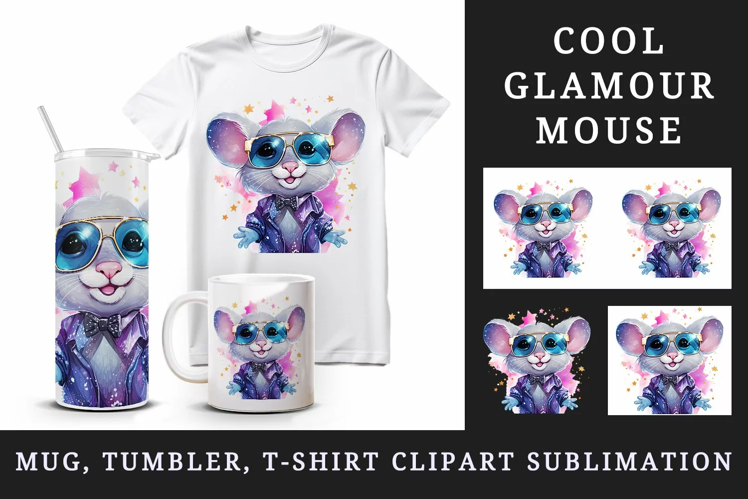 Watercolor cute cool glamour mouse funny superstar animal sunglasses print 20 oz tumbler skinny mug wrap clipart t-shirt sublimation printable design