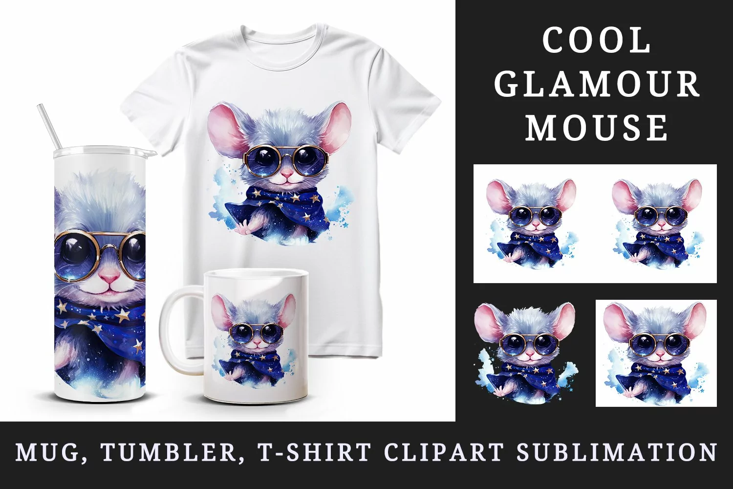 Watercolor cute cool glamour mouse funny superstar animal sunglasses print 20 oz tumbler skinny mug wrap clipart t-shirt sublimation printable design