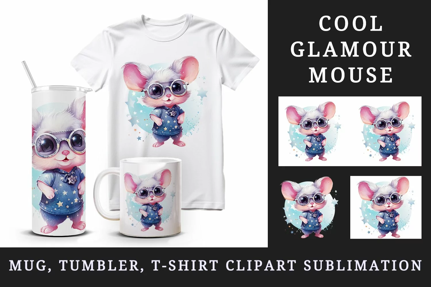 Watercolor cute cool glamour mouse funny superstar animal sunglasses print 20 oz tumbler skinny mug wrap clipart t-shirt sublimation printable design