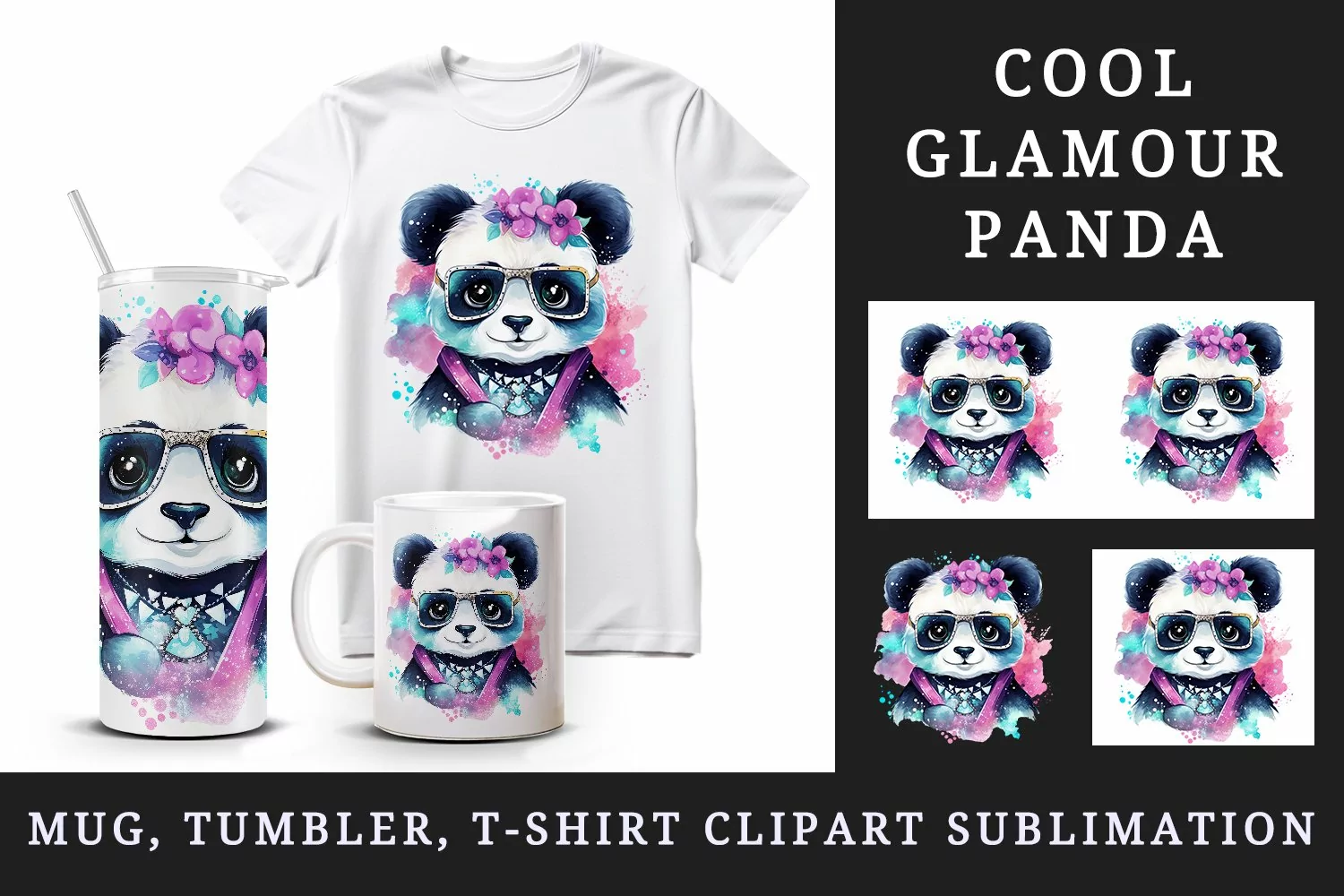 Watercolor cute cool glamour panda funny superstar animal sunglasses print 20 oz tumbler skinny mug wrap clipart t-shirt sublimation printable design