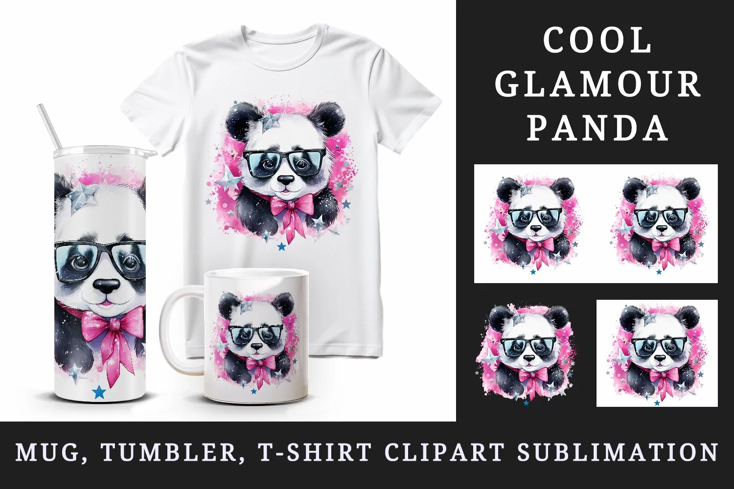 Watercolor cute cool glamour panda funny superstar animal sunglasses print 20 oz tumbler skinny mug wrap clipart t-shirt sublimation printable design