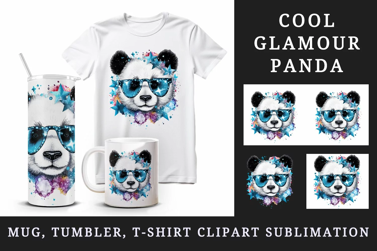 Watercolor cute cool glamour panda funny superstar animal sunglasses print 20 oz tumbler skinny mug wrap clipart t-shirt sublimation printable design