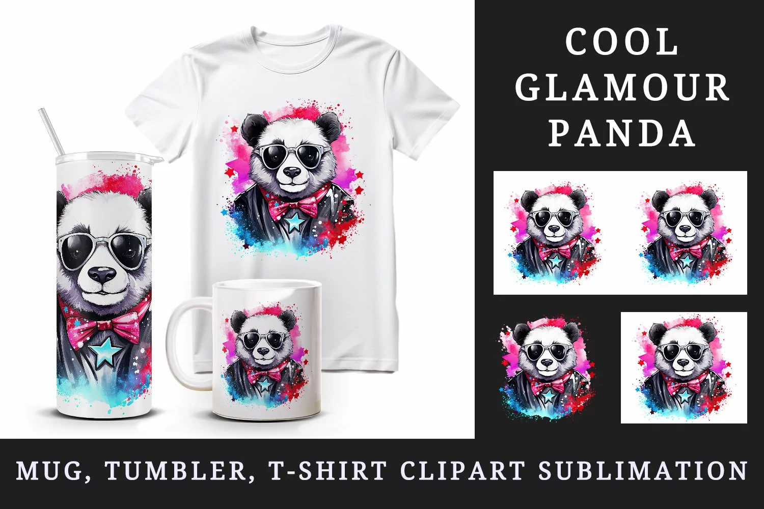 Watercolor cute cool glamour panda funny superstar animal sunglasses print 20 oz tumbler skinny mug wrap clipart t-shirt sublimation printable design