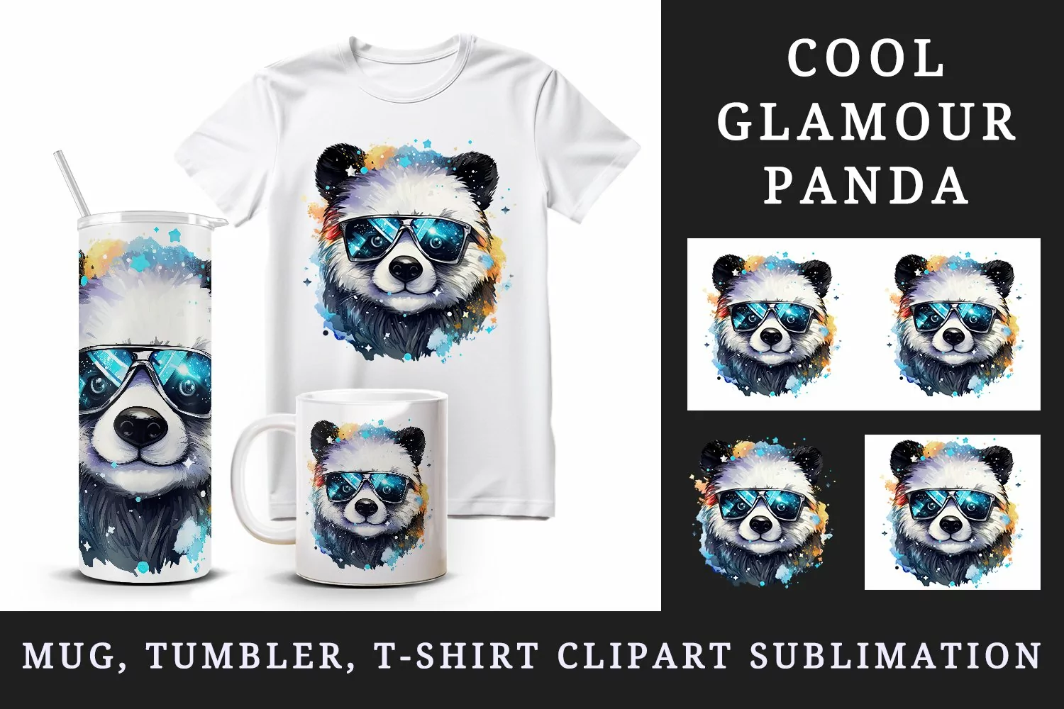 Watercolor cute cool glamour panda funny superstar animal sunglasses print 20 oz tumbler skinny mug wrap clipart t-shirt sublimation printable design