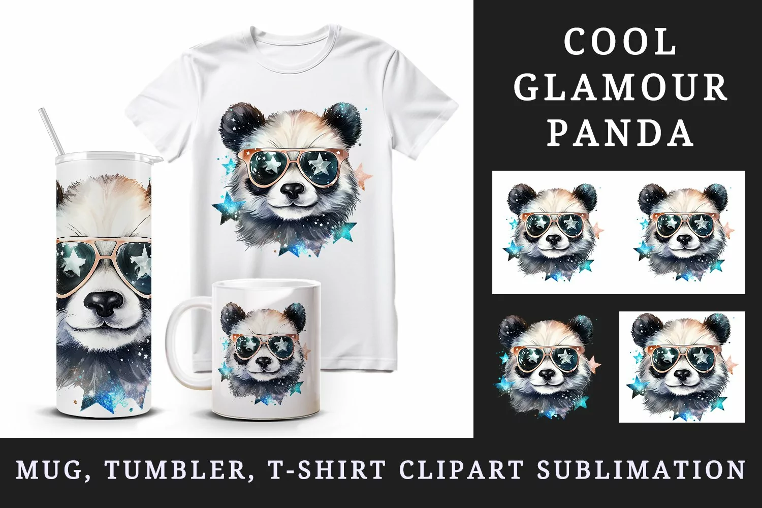 Watercolor cute cool glamour panda funny superstar animal sunglasses print 20 oz tumbler skinny mug wrap clipart t-shirt sublimation printable design