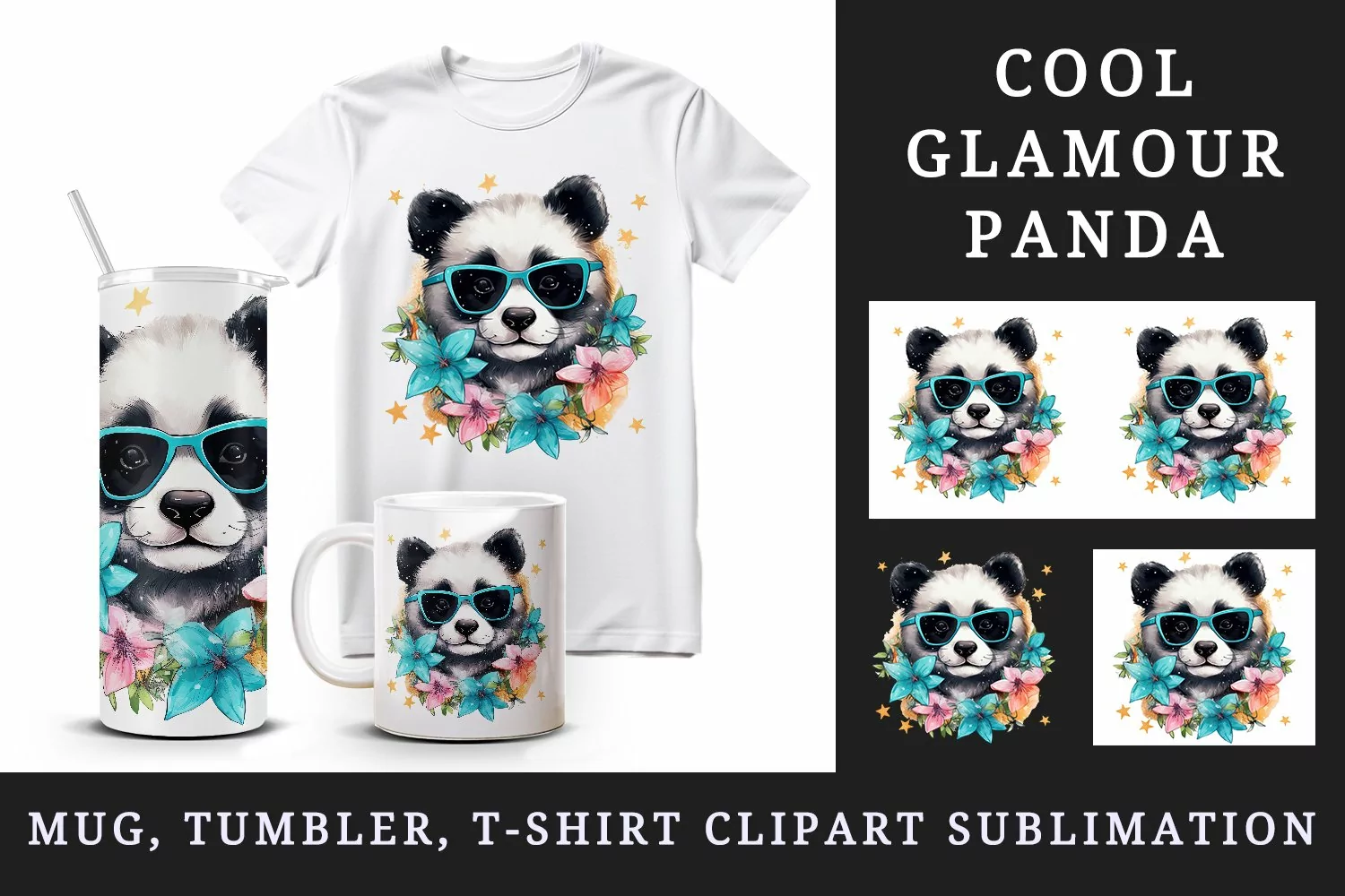 Watercolor cute cool glamour panda funny superstar animal sunglasses print 20 oz tumbler skinny mug wrap clipart t-shirt sublimation printable design