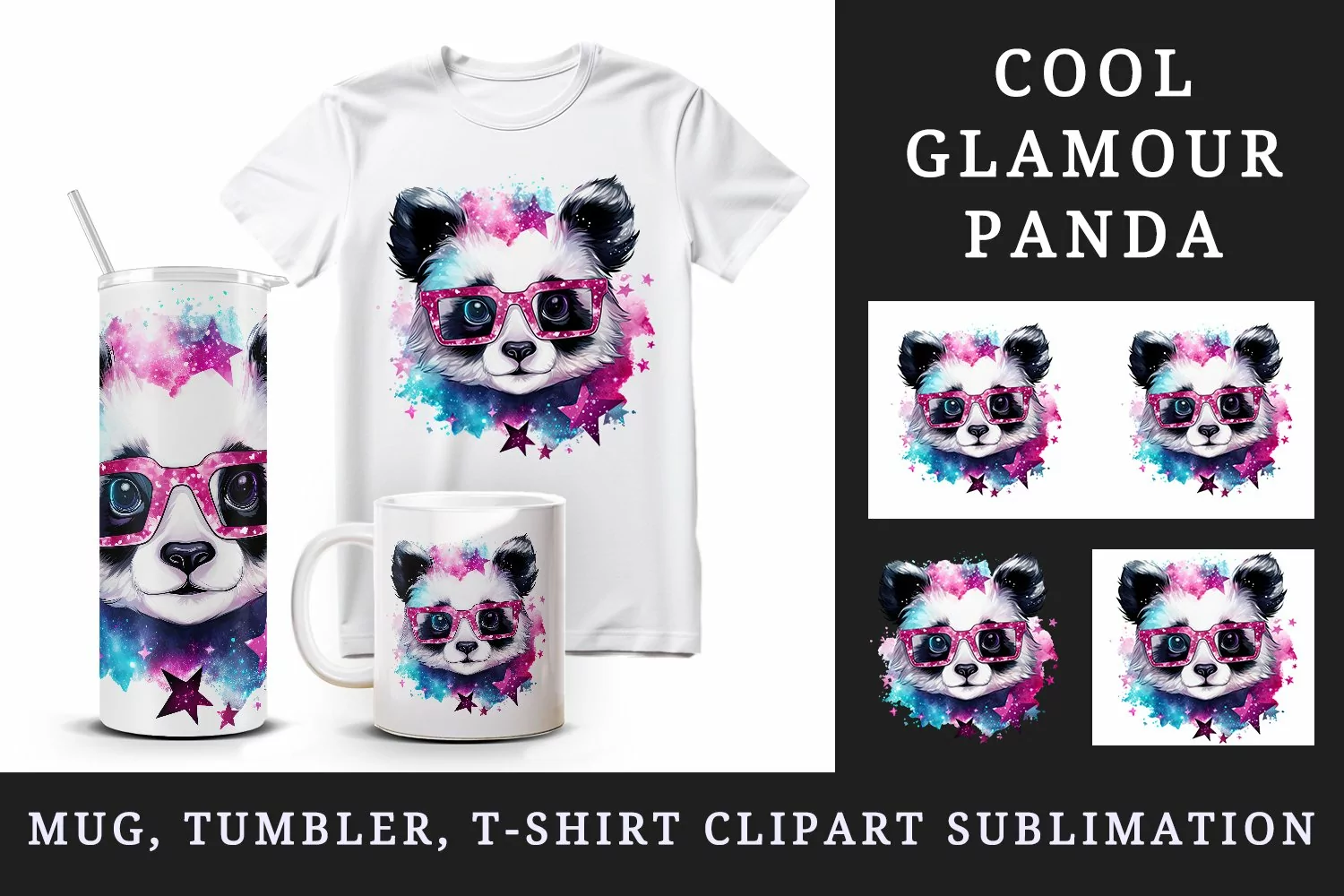Watercolor cute cool glamour panda funny superstar animal sunglasses print 20 oz tumbler skinny mug wrap clipart t-shirt sublimation printable design