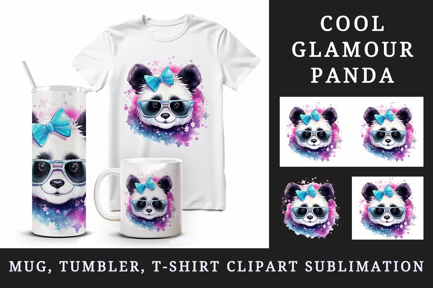 Watercolor cute cool glamour panda funny superstar animal sunglasses print 20 oz tumbler skinny mug wrap clipart t-shirt sublimation printable design