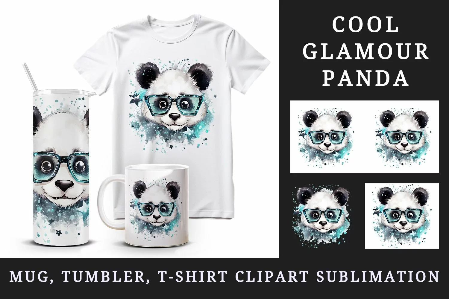 Watercolor cute cool glamour panda funny superstar animal sunglasses print 20 oz tumbler skinny mug wrap clipart t-shirt sublimation printable design
