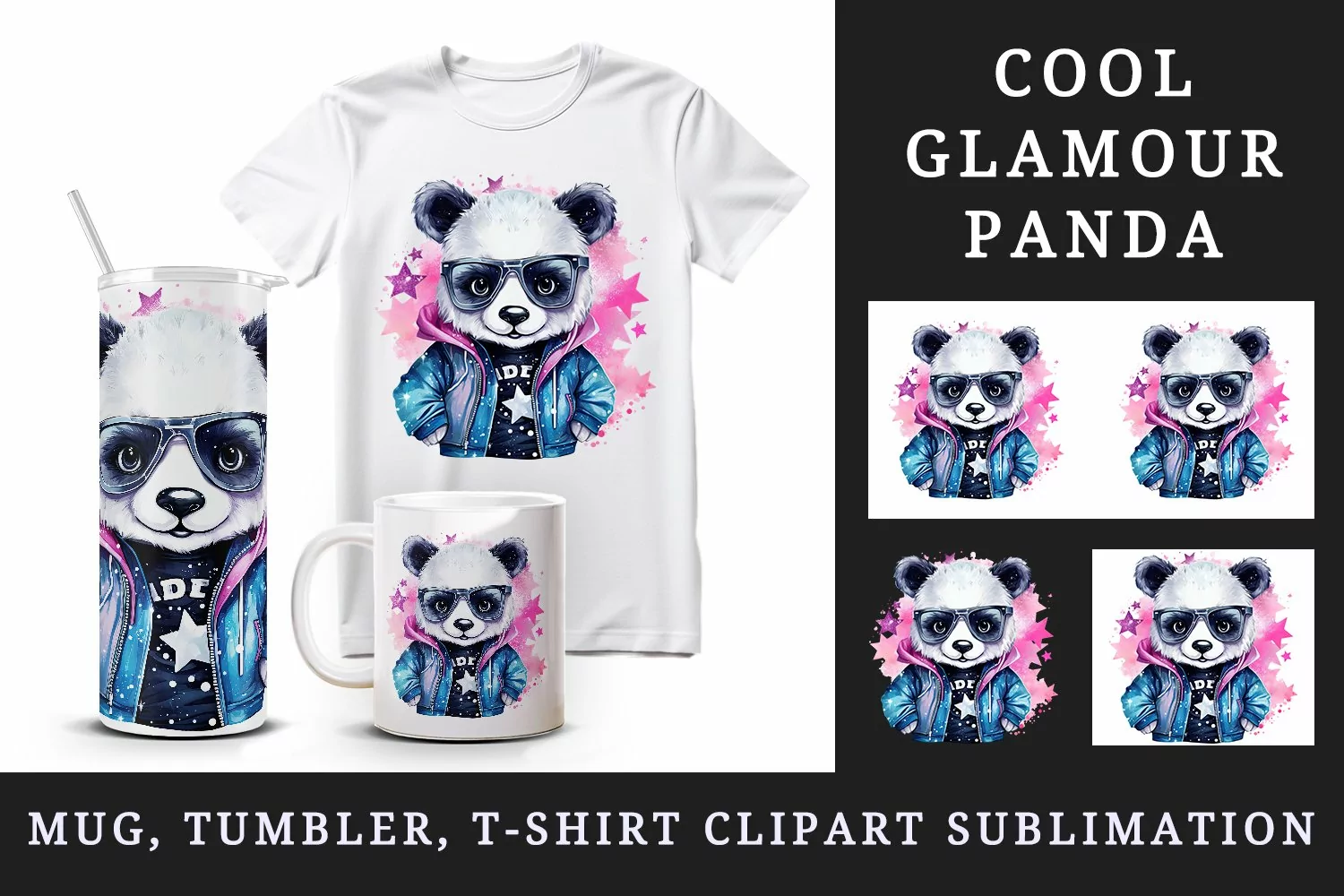 Watercolor cute cool glamour panda funny superstar animal sunglasses print 20 oz tumbler skinny mug wrap clipart t-shirt sublimation printable design