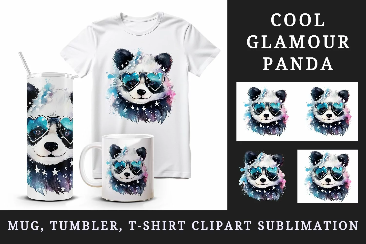 Watercolor cute cool glamour panda funny superstar animal sunglasses print 20 oz tumbler skinny mug wrap clipart t-shirt sublimation printable design